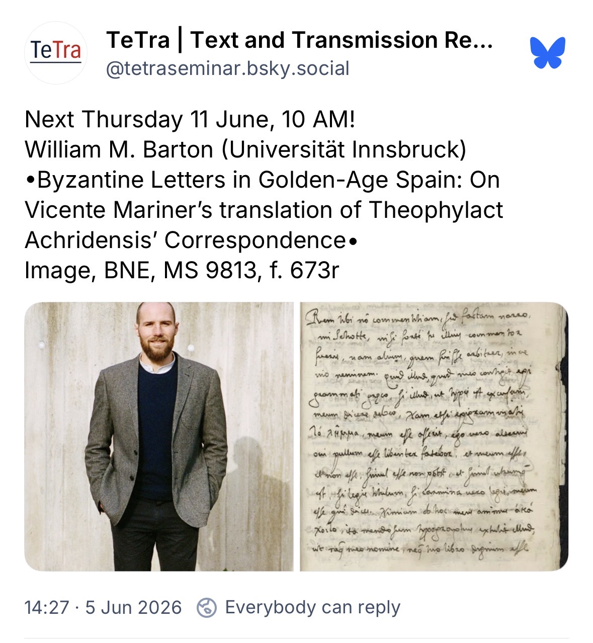 William Barton about Byzantine Letters in Spain at the TeTra Seminar
