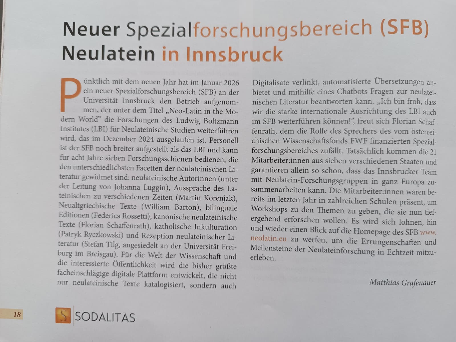 Sodalitas Reports on our SRA in their Journal Circulare